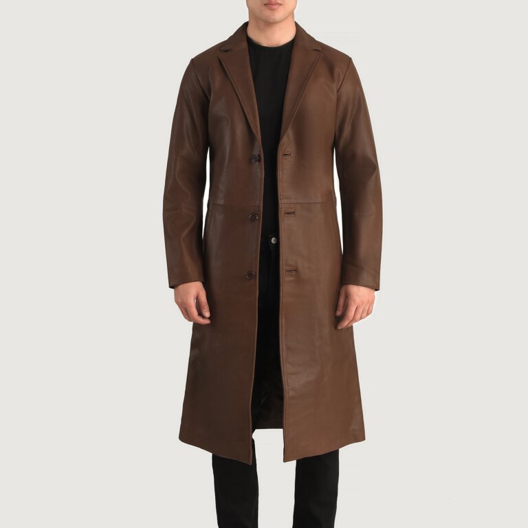 Mens Mateo Brown Leather Single Breasted Coat Close Front-5-1704114151842